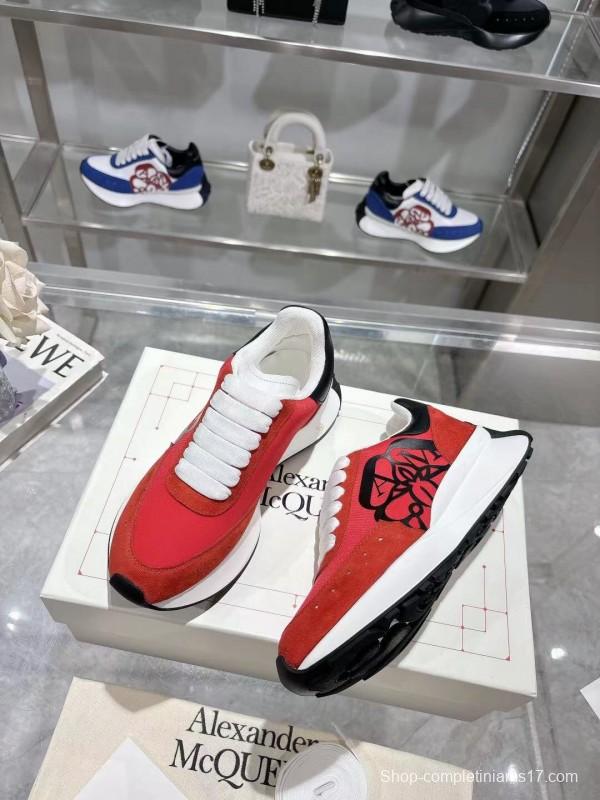 2025 Women Alexander McQueen Red Black Leather Suede Sneakers LY00340