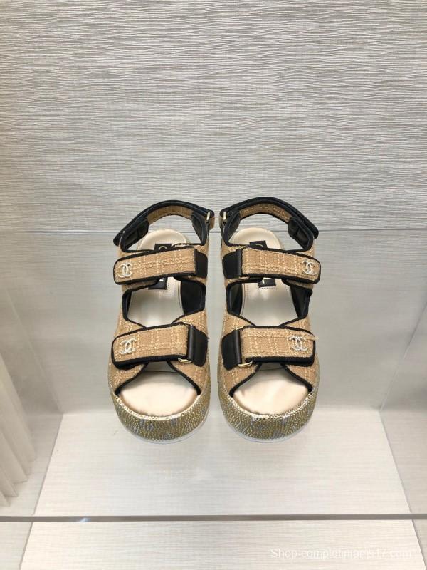 2025 Women Chanel Beige Black Leather Sandals Platform Thick Sole LY00330