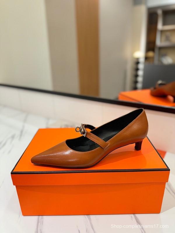 2025 Women Hermès Brown Leather Pumps KFY00330