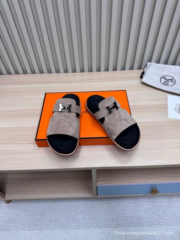 2025 Slippers Hermès Sand Beige Suede Double Strap