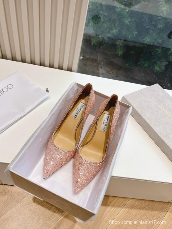 2025 Women Jimmy Choo Pink Glitter Leather Pointed Toe Pumps KFY00280