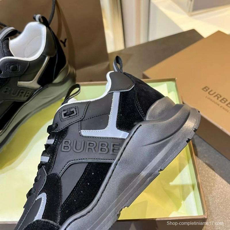 2025 Unisex Burberry Black White Leather Suede Sneakers MJ00380