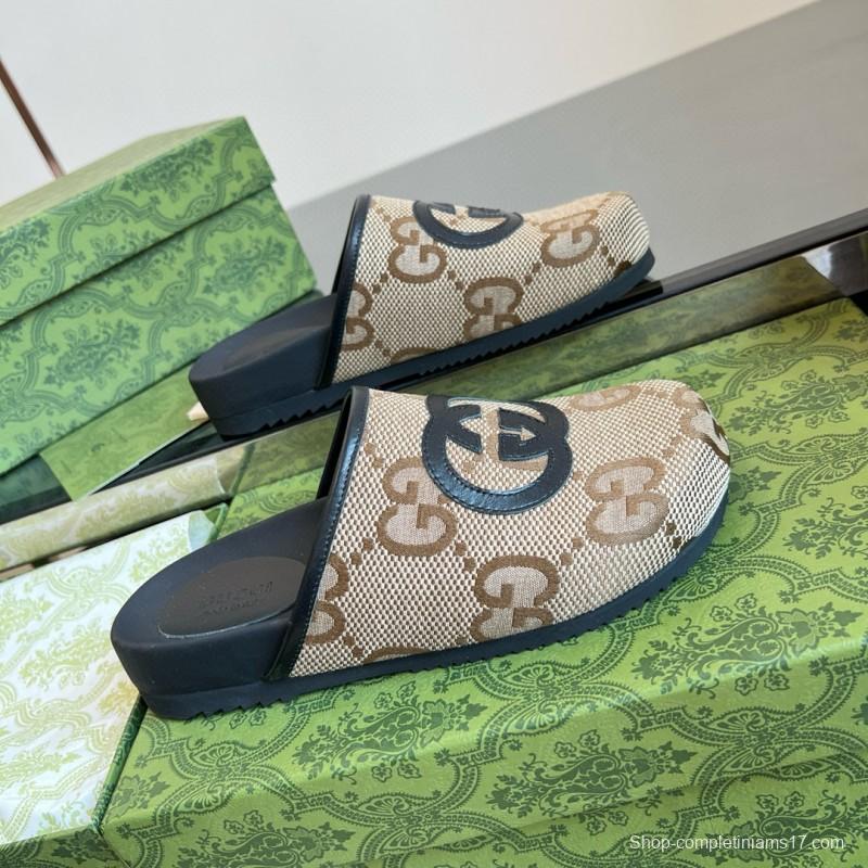 2024 Unisex Gucci Beige Brown Leather Slippers GG Pattern MJ00280