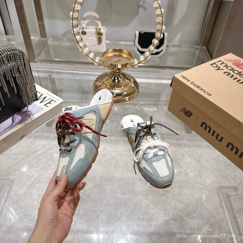 2025 Women Miu Miu Blue White Beige Leather Mesh Sneakers