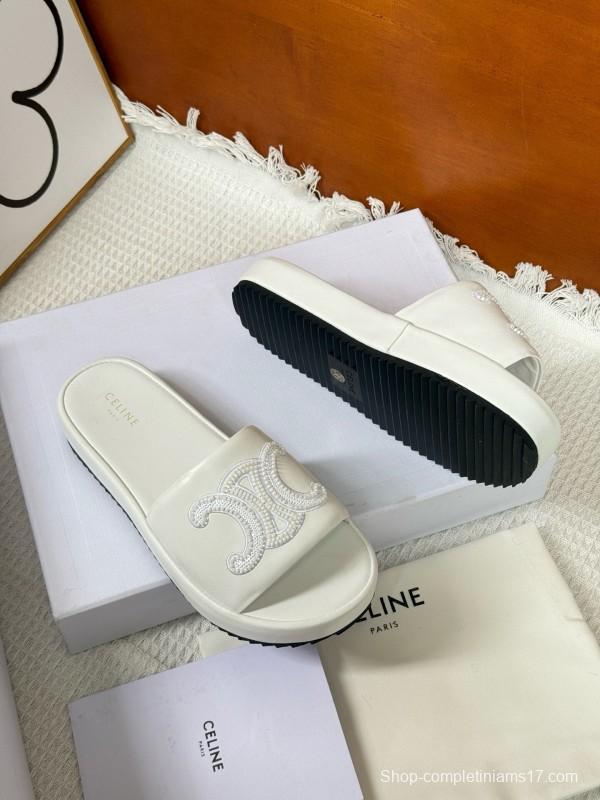 2025 CELINE White Leather Slippers