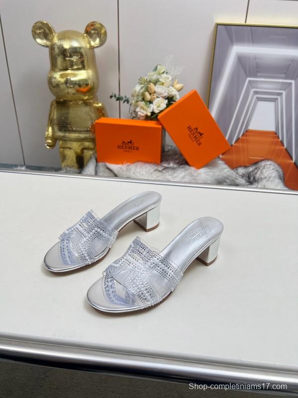 2025 Slippers Hermès Silver Leather Slippers MJ00180/215