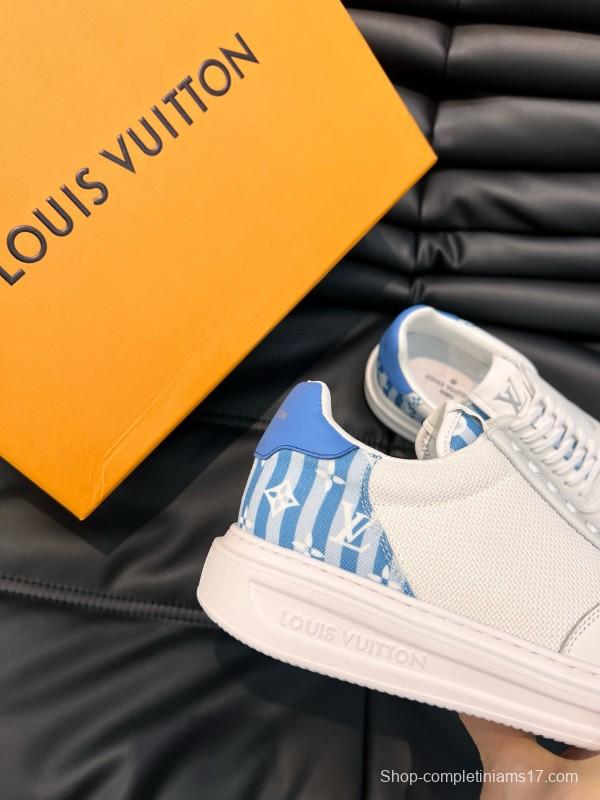 2024 Unisex Louis Vuitton White Blue Cow Leather Mesh Sneakers MJ00400