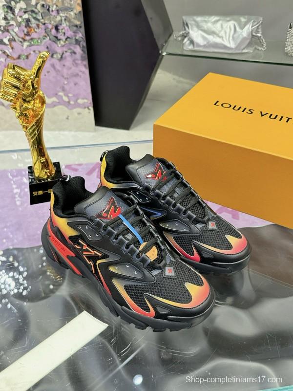 2025 Men Louis Vuitton Black Yellow Orange Mesh Leather Sneakers MJ00420