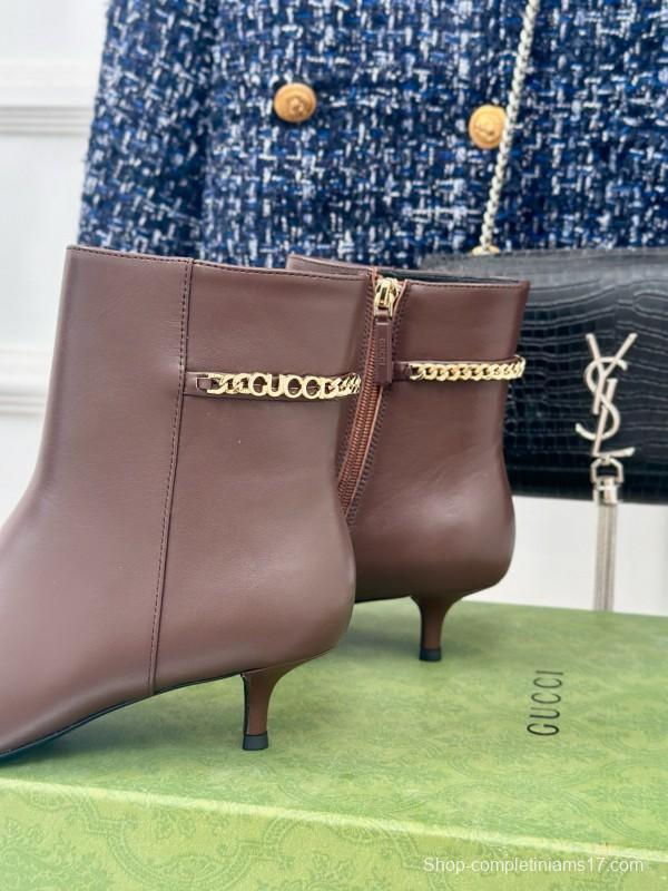 2024 Women Gucci Brown Calfskin Ankle Boots Chain Detail MJ00410