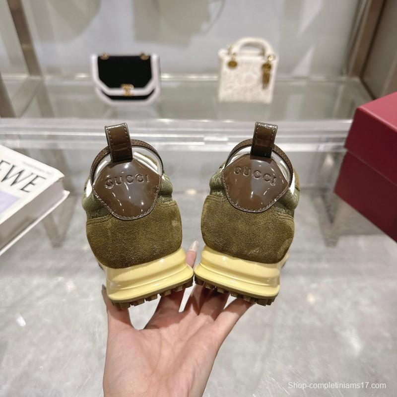 2025 Women Gucci Khaki Green Red Suede Mesh Sneakers LY00340