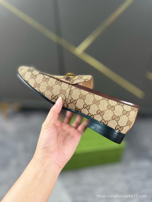 2024 Men Gucci Beige Brown Canvas Leather Loafer