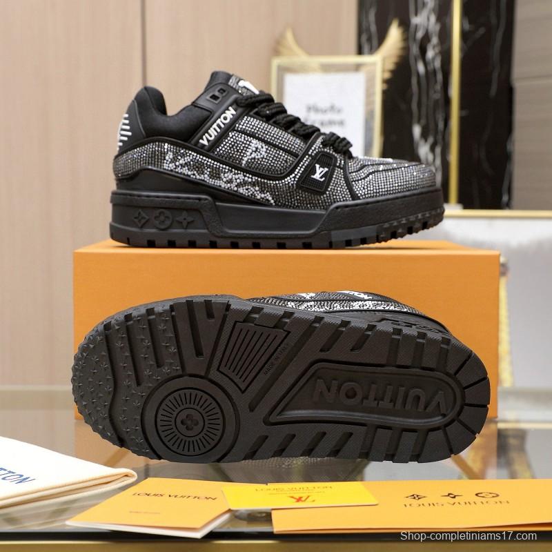 2024 Unisex Louis Vuitton Black Rhinestone Leather LV Trainer Sneakers MJ00430