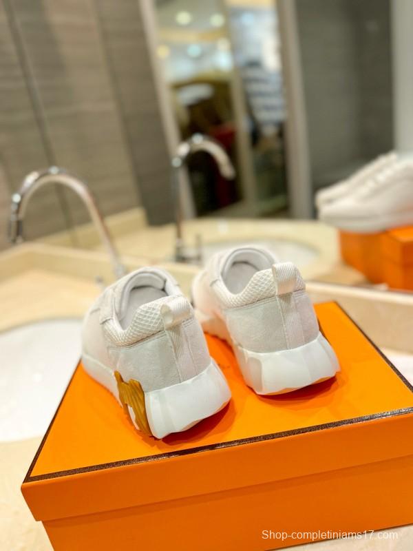 2024 Unisex Hermès White Imported Calfskin Velvet Fabric Casual Sneakers MJ00320
