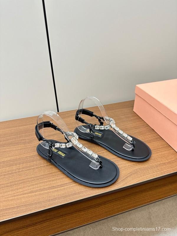 2025 Women Miu Miu Black Leather Rhinestone Sandals LY