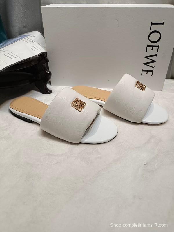 2025 Women Loewe White Leather Slippers LY00260