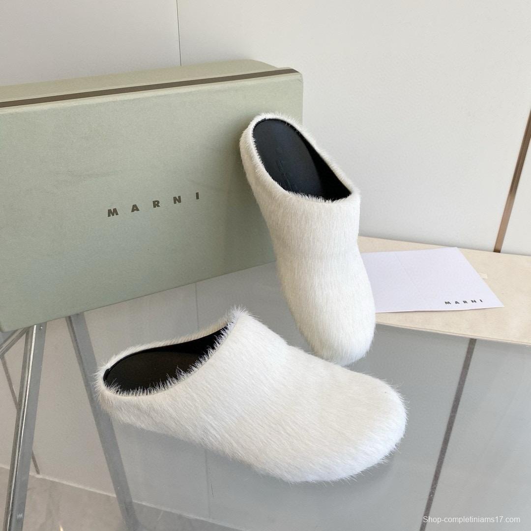 2024 Women Marni White Pony Hair Leather Mules MJ00320