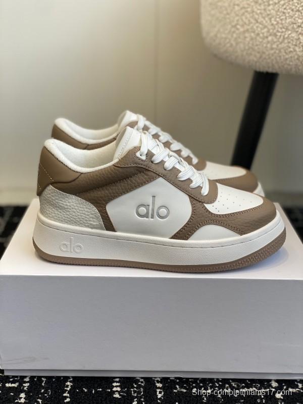 2025 Women Alo White Brown Leather Sneakers KFY00280