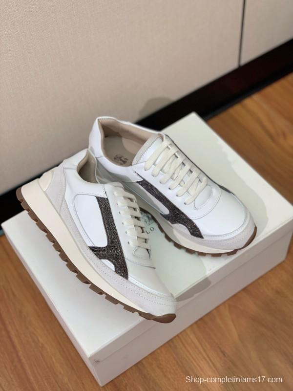 2025 Unisex Brunello Cucinelli White Grey Leather Suede Sneakers LY