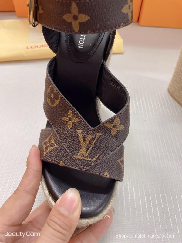 2025 Women Louis Vuitton Brown Leather Denim Espadrilles Wedge Sandals MJ00280
