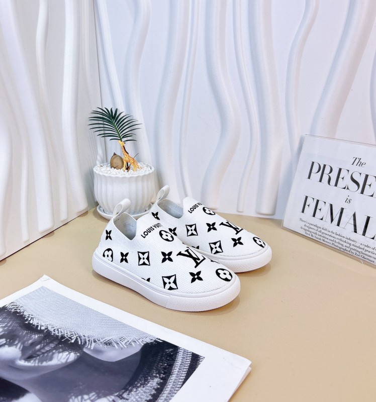 2024 Kids Louis Vuitton White Black Pink Canvas Slip-On Sneakers