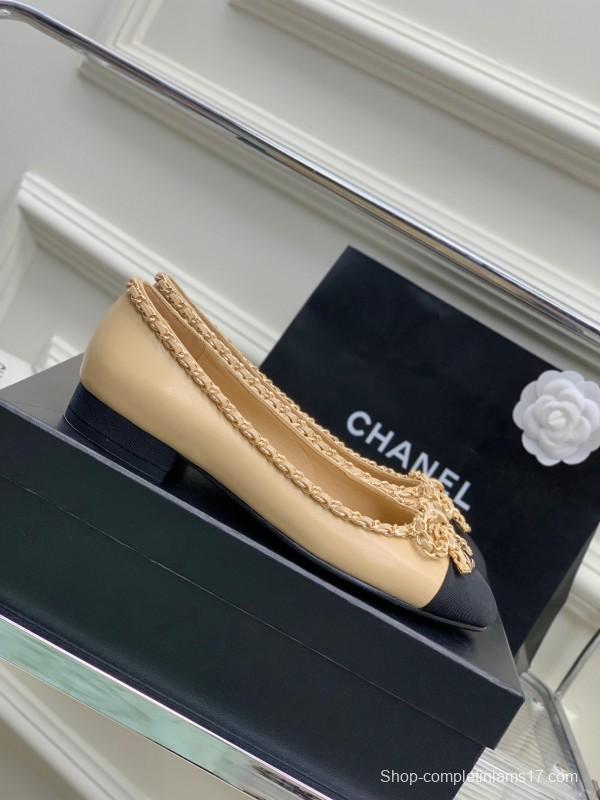 2025 Women Chanel Beige Black Leather Ballet Flats