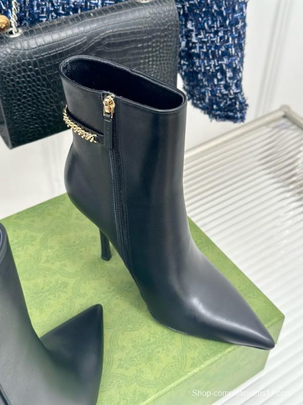 2024 Women Gucci Black Calfskin Leather Ankle Boots Chain MJ00410
