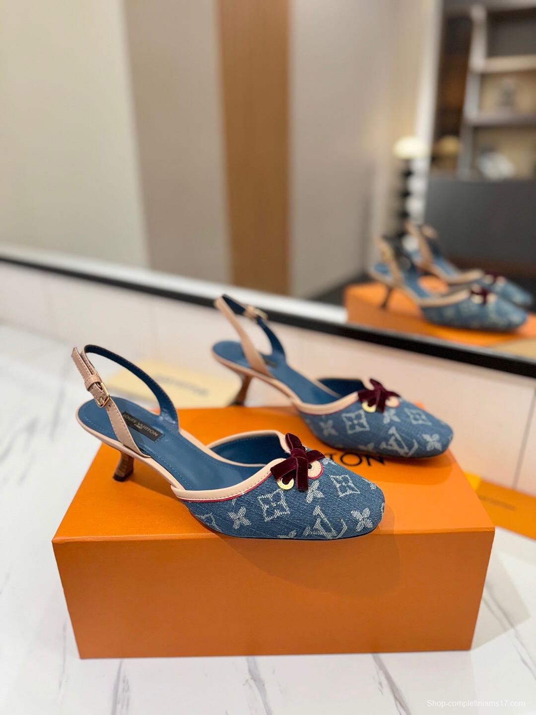 2025 Women Louis Vuitton Blue Denim LV Monogram Leather Sandals Buckle KFY00310