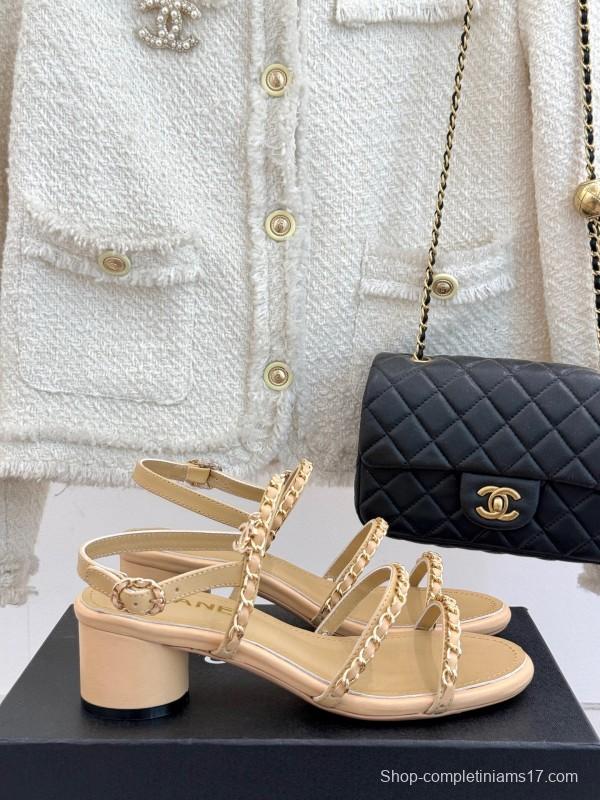 2025 Women Chanel Beige Lambskin Chain Strap Block Heel Sandals