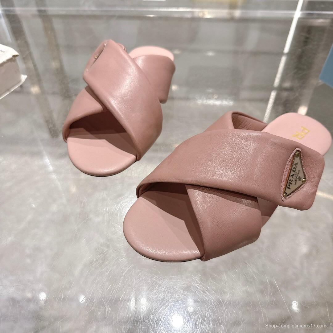 2025 Women Prada Pink Leather Slippers