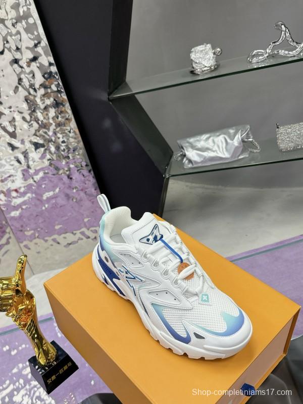 2025 Men Louis Vuitton Blue White Mesh Leather Sneakers MJ00420