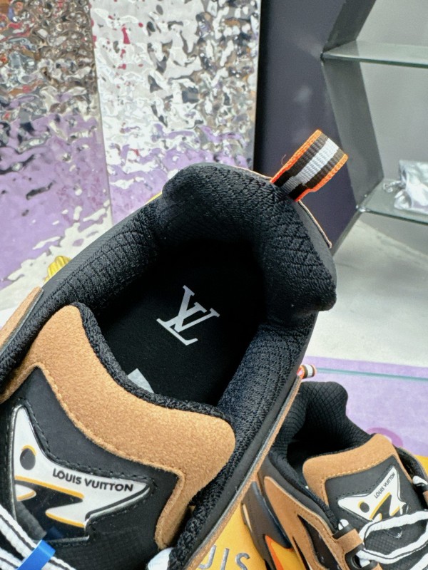 2025 Men Louis Vuitton Brown White Black Mesh Leather Sneakers MJ00420