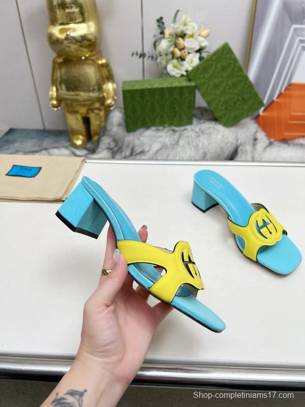 2025 Gucci Blue Yellow Leather Slippers