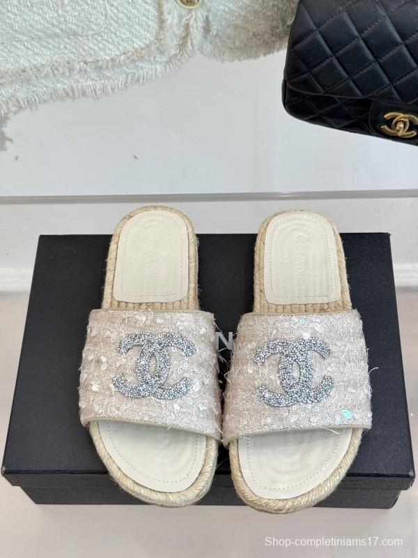 2025/Women Chanel White Lace Espadrille Slides With Sequined CC Logo KFY00240(F)