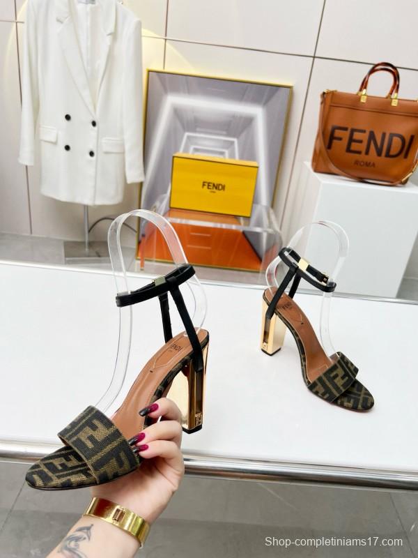 2025 Women Fendi Brown Black Leather Fabric High Heel Sandals