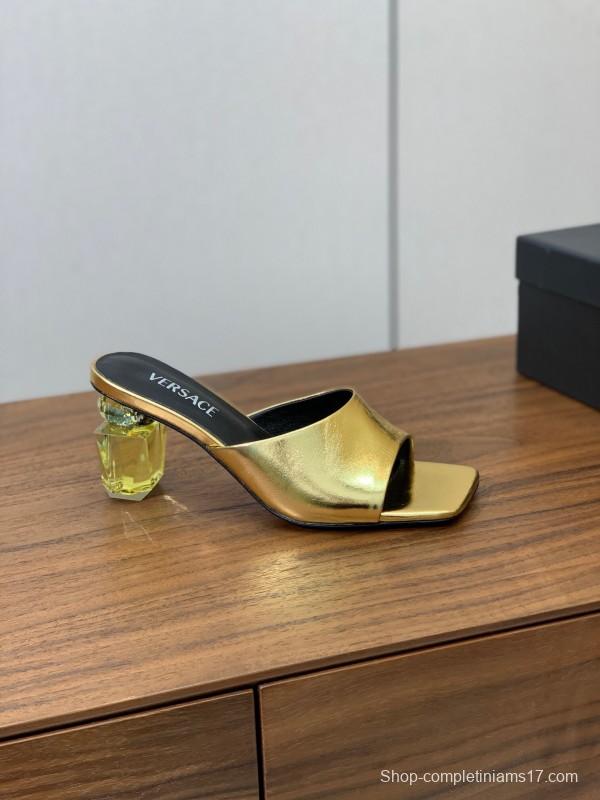 2025 Women VERSACE Gold Leather Heeled Sandals
