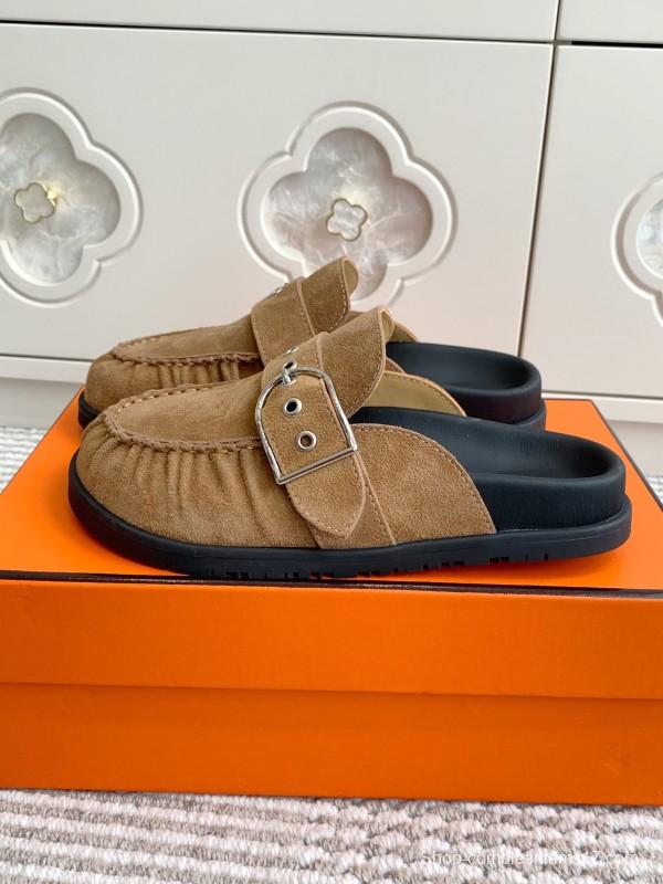2025 Women Hermès Deep Brown Suede Mule Buckle KFY00290