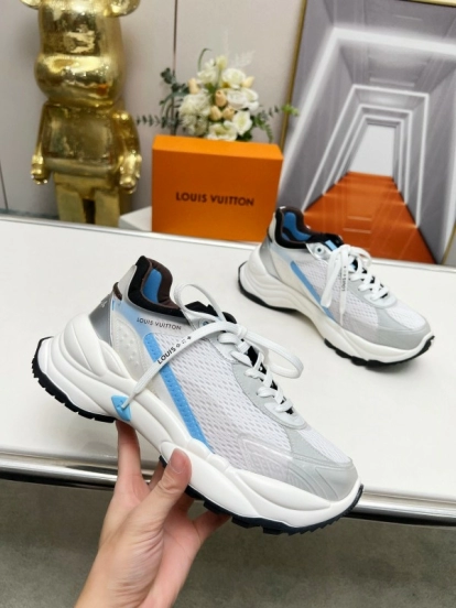 2025 Unisex Louis Vuitton White Blue Leather Mesh Sneakers Monogram LV00340