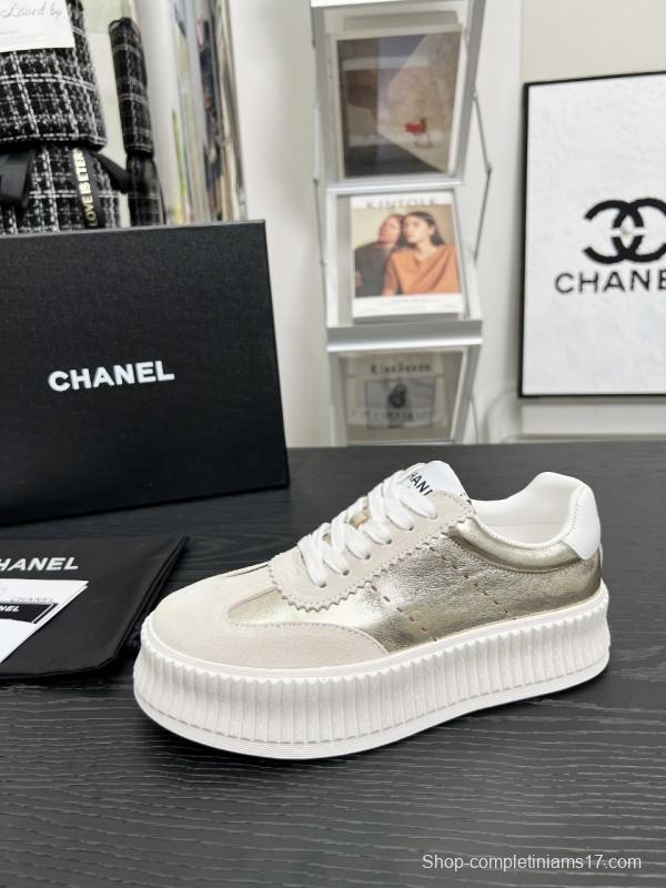 2025 Women Chanel White Gold Leather Suede Sneakers LY00270
