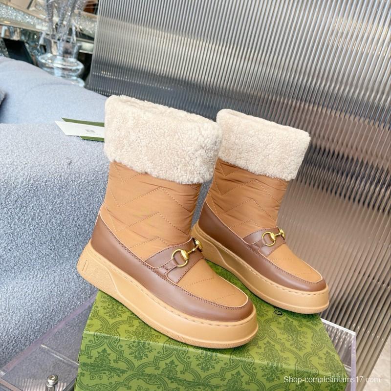 2024 Women Gucci Brown Tan Leather Shearling Lined Snow Boots MJ00420