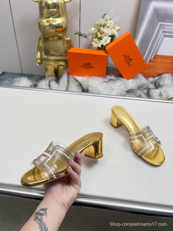 2025 Hermès Gold Leather Slippers MJ00180