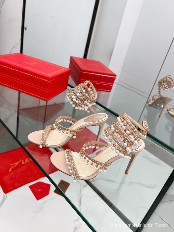 2025 Women RC Champagne Leather Crystal Pearl High Heel Sandal LY00360