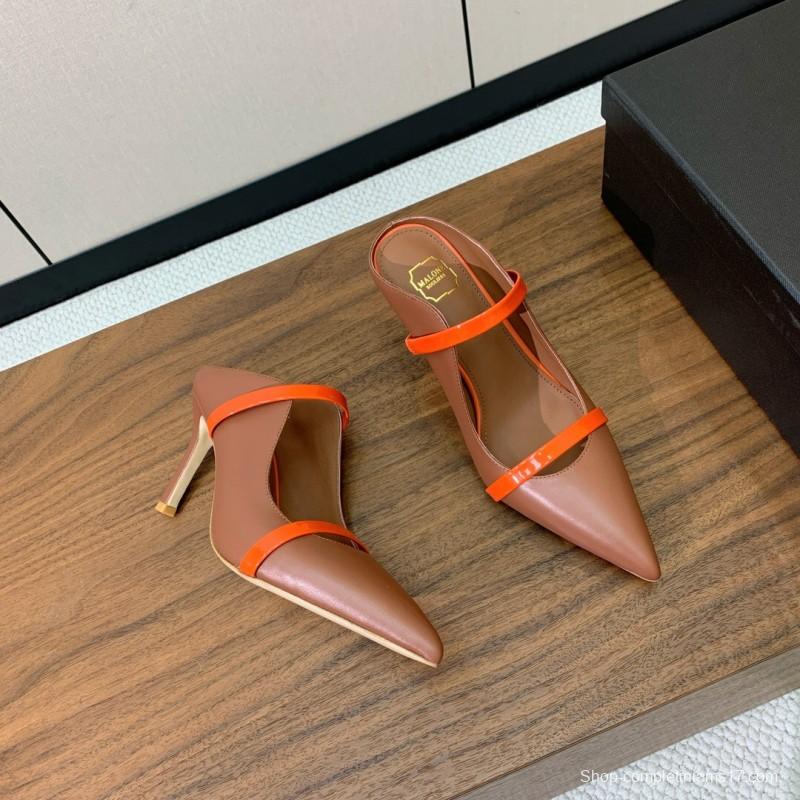 2025 Women Malone Souliers Brown Orange Leather Patent Leather Mid Heel Pumps