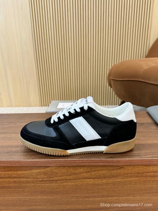 2025 Unisex TOM FORD Black White Leather Suede Sneakers Classic Contrasting LY00360