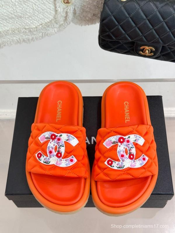 2025 Slippers Chanel Orange Leather Slippers KFY00260
