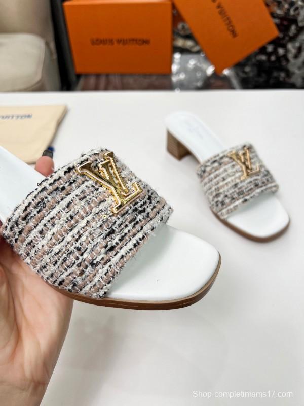 2025 Women Louis Vuitton White Brown Tweed Leather Sandals LY00220