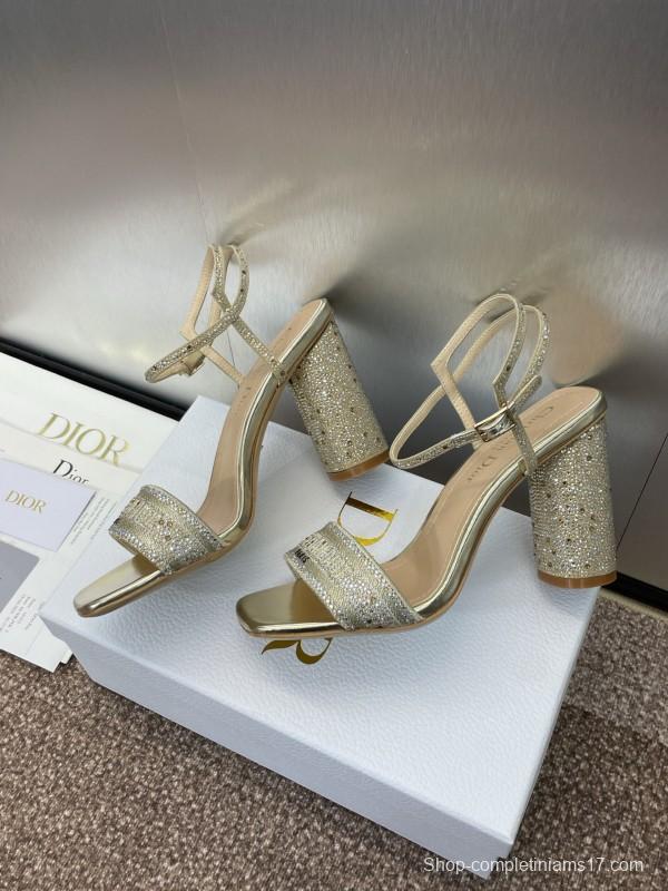 2025 Women Dior Gold Crystal Embellished Leather Sandals KFY00320