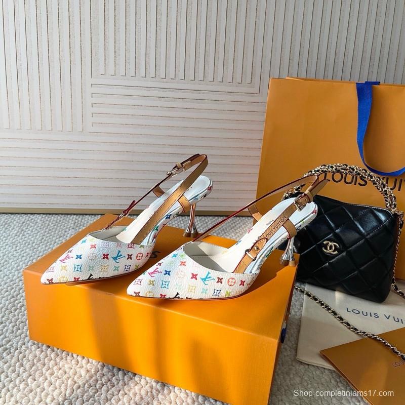 2025 Women Louis Vuitton White Multicolor Canvas Leather Slingback Pumps