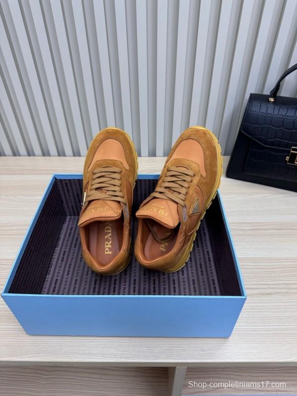 2025 Women Prada Brown Suede Nylon Sneakers LY00300