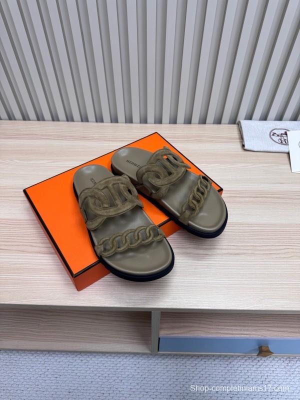 2025 Women Hermès Khaki Suede Slippers