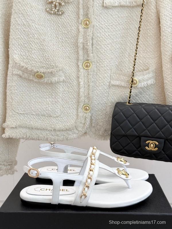 2025 Slippers Chanel White Leather Chain Strap CC Logo